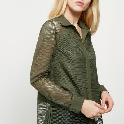 Khaki green mesh panel longline shirt